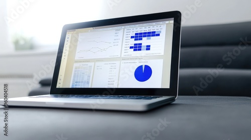 A laptop screen showing various data analytics, graphs, and charts, representing business metrics and performance analysis in a modern workspace.