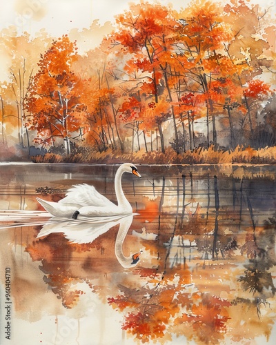 A single swan glides through a tranquil lake, its white feathers reflecting the vibrant hues of autumn leaves. photo