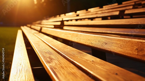 Classic bleacher seating in a baseball park, wood and metal construction, vintage feel