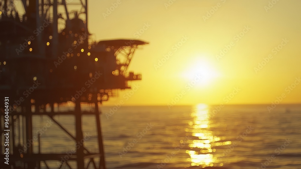 A sunset over the ocean with an offshore structure silhouetted against the vibrant sky.