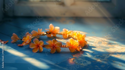 Brilliant flower bracelet in sunlight situated on a blue floor