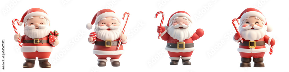 Four Santa Claus figurines holding candy canes on a transparent background. Perfect for Christmas decorations, crafts, or festive holiday themes.
Four Santa Claus figurines holding candy canes on a transparent background. Perfect for Christmas decorations, crafts, or festive holiday themes.