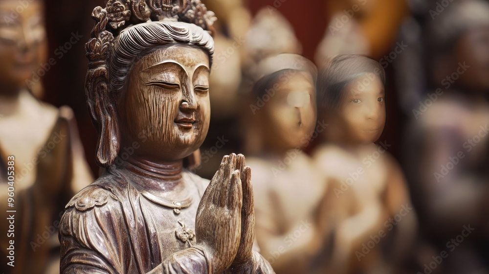 A detailed wooden Buddha statue with hands in prayer, surrounded by other blurred spiritual figurines, reflecting peace and serenity. A detailed wooden Buddha statue with hands in prayer, surrounded by other blurred spiritual figurines, reflecting peace and serenity.