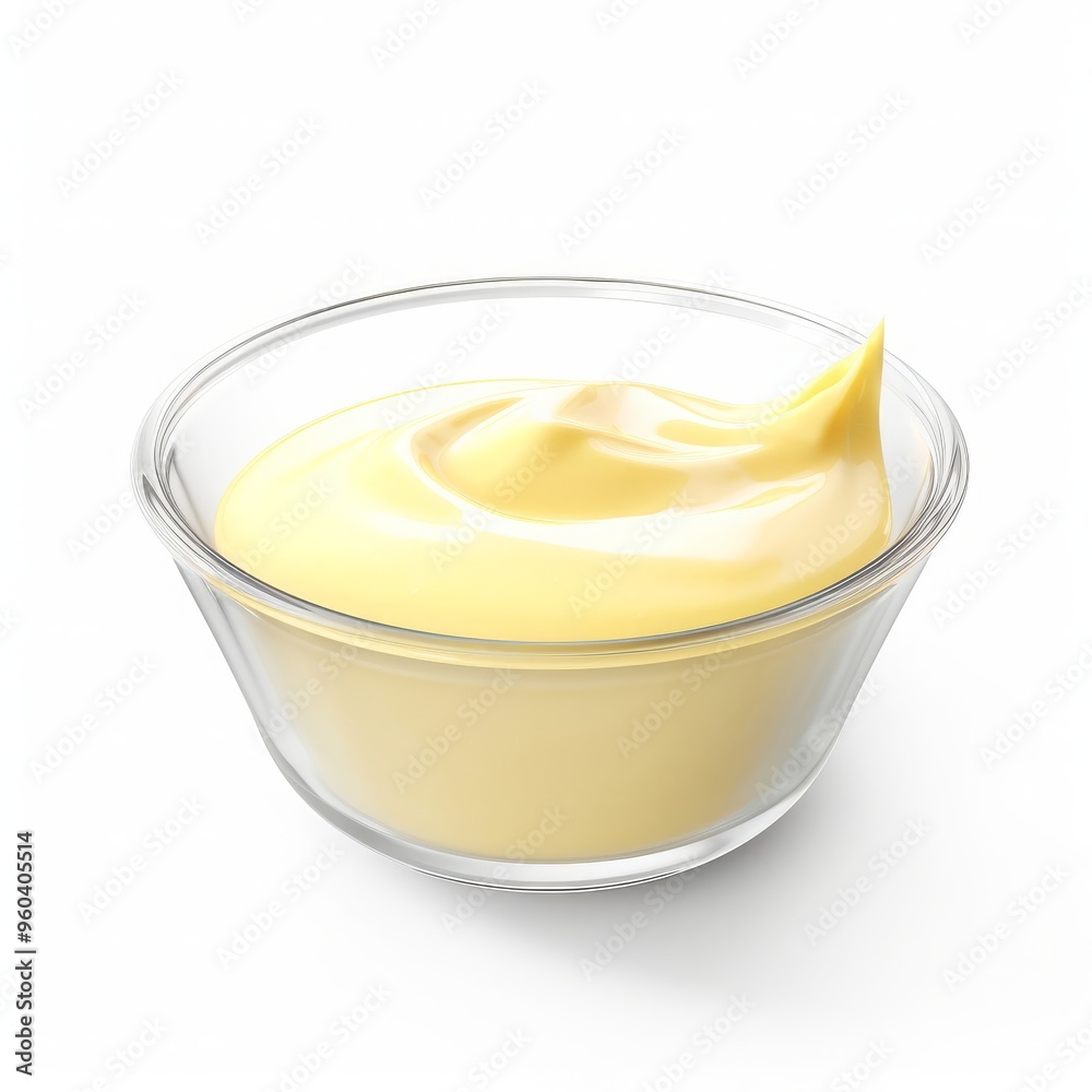 a portion of cheese sauce in transparent bowl isolated on white a portion of cheese sauce in transparent bowl isolated on white
