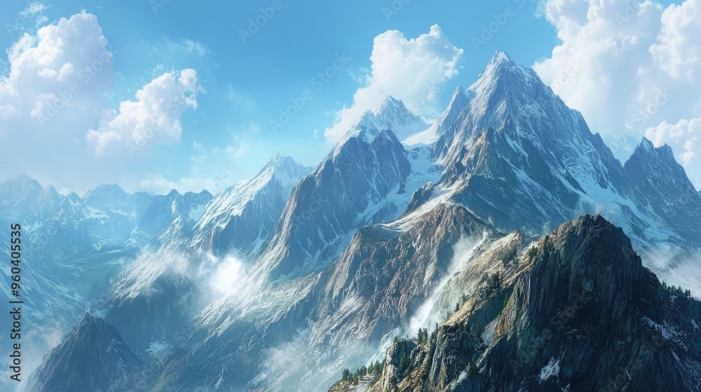 A dramatic mountain landscape with jagged peaks and a clear blue sky above. A dramatic mountain landscape with jagged peaks and a clear blue sky above.