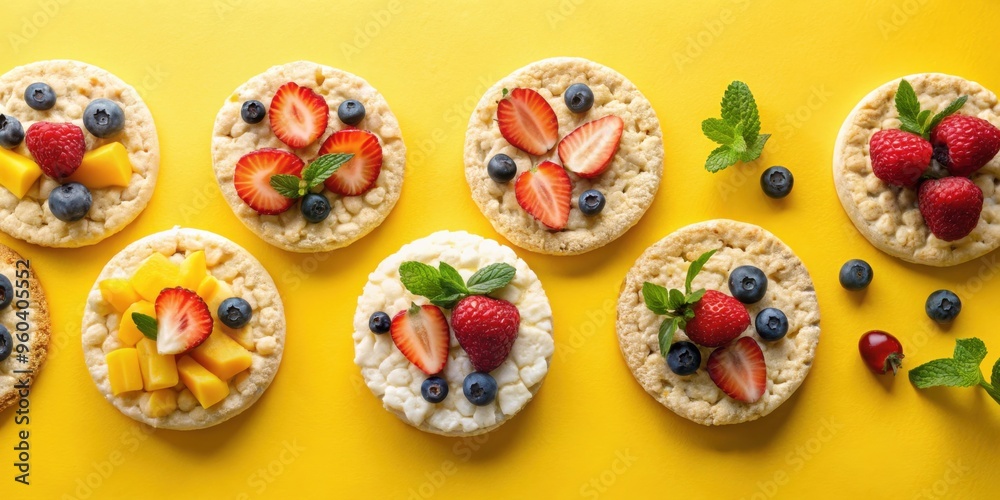 Crispy puffed rice cakes with fresh fruit on a yellow background top view Crispy puffed rice cakes with fresh fruit on a yellow background top view