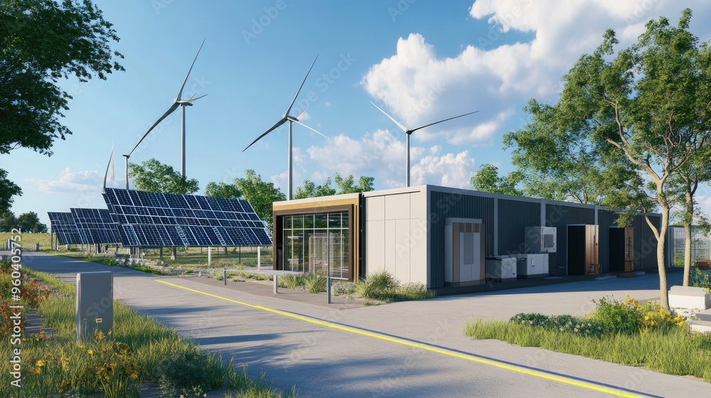 Obraz premium A modern energy facility featuring solar panels and wind turbines, showcasing renewable energy technology under a bright blue sky.