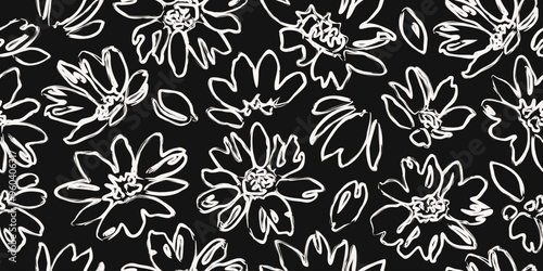 Flower seamless background. Abstract hand drawn lines floral pattern. Modern print in black and white. Ideal for textile design, fabric printing, wallpaper, decoration, cards, and posters.