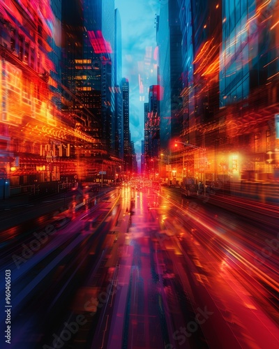 A vibrant cityscape with streaks of light and blurred buildings. A sense of movement and energy. photo