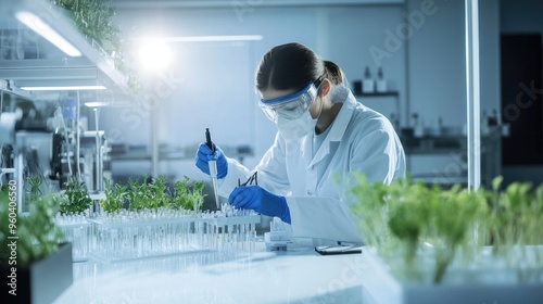 A scientist in a lab coat carefully conducts plant research in a high-tech laboratory, using advanced equipment and test tubes.