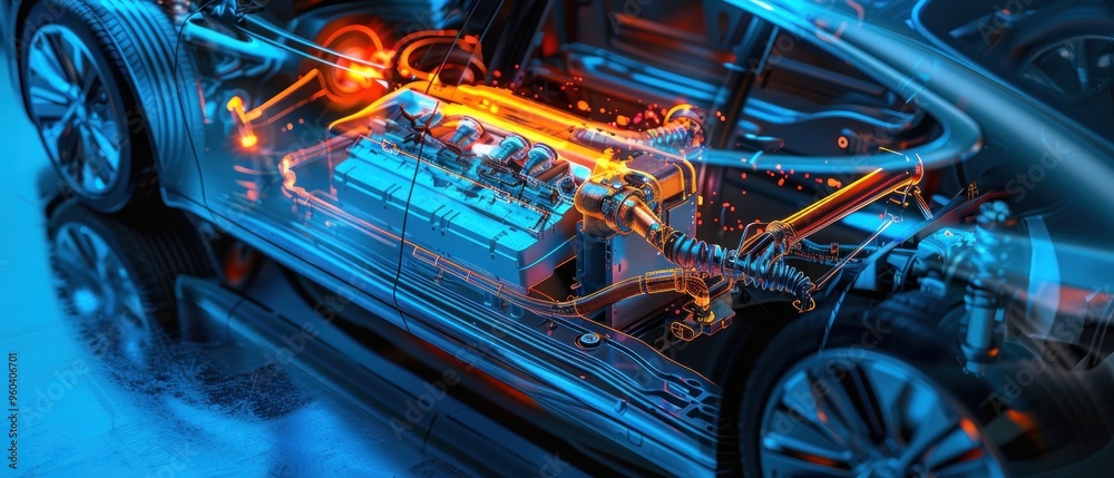 Transparent View of a Car's Engine and Chassis with Glowing Lights Transparent View of a Car's Engine and Chassis with Glowing Lights