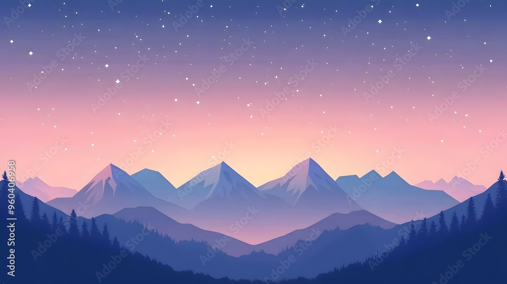 A simple flat illustration of a starry sky, with a pink and blue gradient background and mountains in the distance A simple flat illustration of a starry sky, with a pink and blue gradient background and mountains in the distance