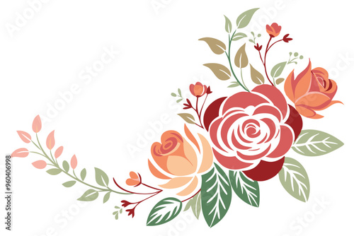 Floral corner element with roses and leaves vector illustration 
