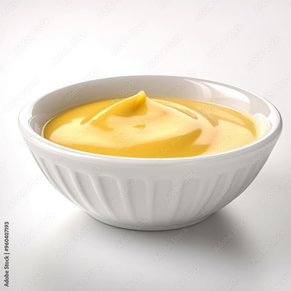 A portion of mustard sauce in white bowl isolated on white background, studio lighting A portion of mustard sauce in white bowl isolated on white background, studio lighting