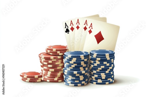 A stack of colorful poker chips next to a hand of four aces, symbolizing high stakes and excitement in card games. photo