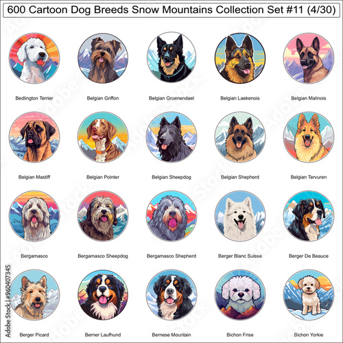 Dog Breeds Cartoon Characters Snow Mountains Bundle Collection Set 11 of 600 Dog Faces Isolated Part 4