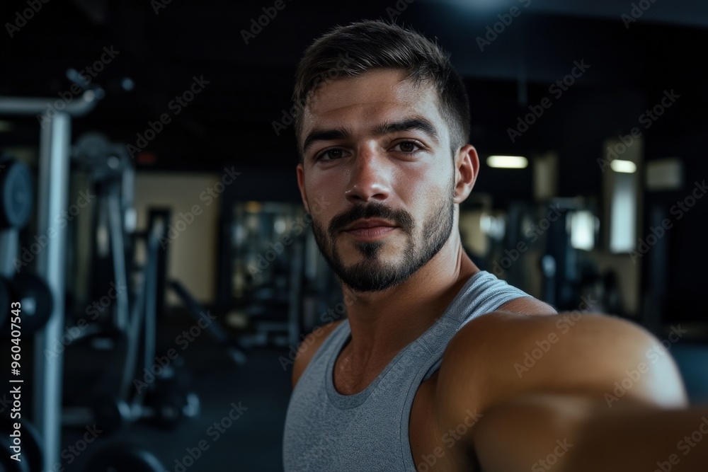 Fit man taking a selfie in modern gym with fitness equipment Fit man taking a selfie in modern gym with fitness equipment
