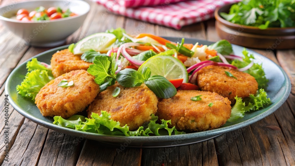 Plate of fried Thai fish cakes served with fresh salad Plate of fried Thai fish cakes served with fresh salad
