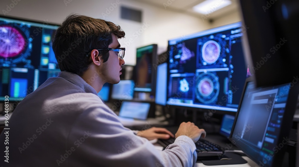 A data scientist in a lab coat focuses on multiple screens displaying intricate neural network models, analyzing complex data in a high-tech environment.