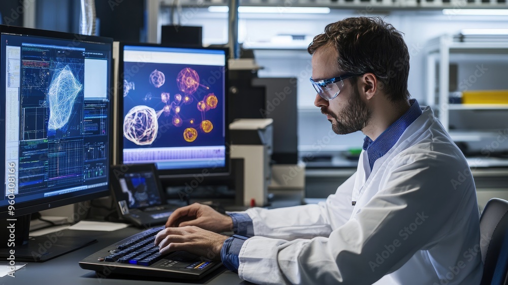 A data scientist in a lab coat focuses on multiple screens displaying intricate neural network models, analyzing complex data in a high-tech environment. A data scientist in a lab coat focuses on multiple screens displaying intricate neural network models, analyzing complex data in a high-tech environment.