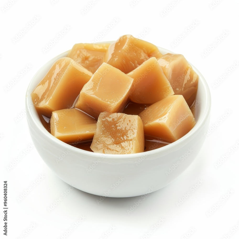 A white bowl filled with diced caramel candies. The candies are a light brown color and are arranged in a neat pile. A white bowl filled with diced caramel candies. The candies are a light brown color and are arranged in a neat pile.