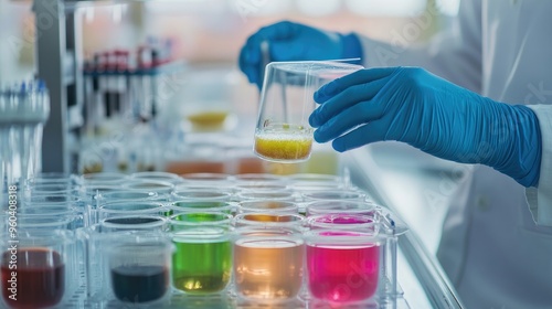 A scientist wearing blue gloves examines liquid samples in plastic containers during a research experiment in a laboratory setting.