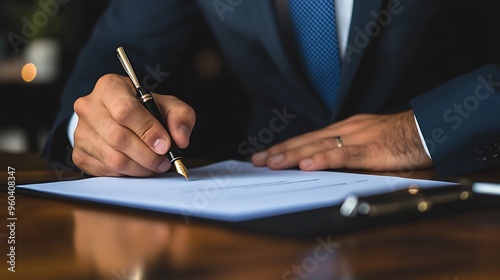 Elegance in Action: Professional Signing Business Agreement with Fountain Pen on Luxurious Desk - Corporate Partnership Concept