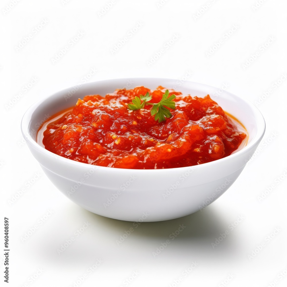 a portion of sambal sauce in white bowl isolated on white background, studio lighting a portion of sambal sauce in white bowl isolated on white background, studio lighting