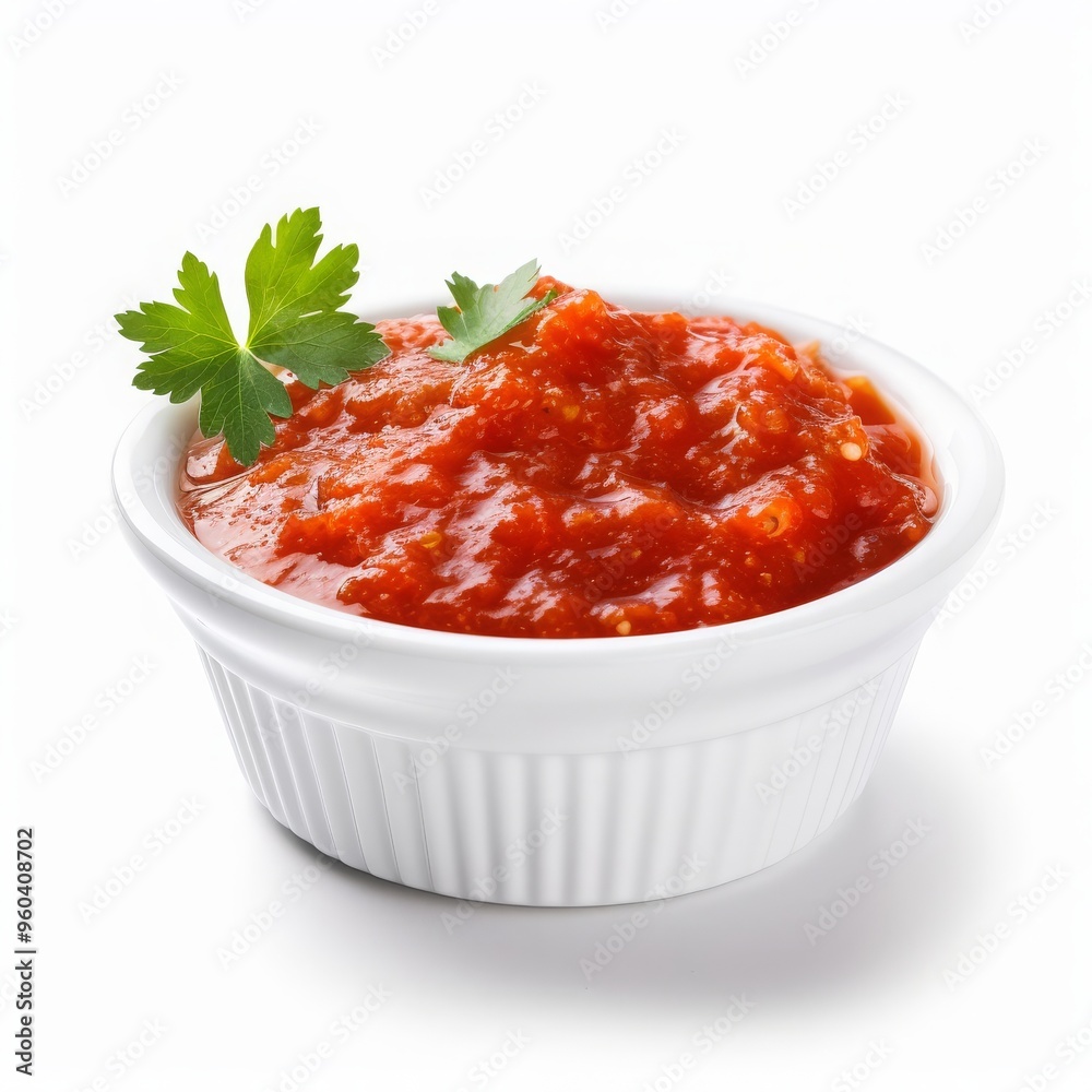 a portion of sambal sauce in white bowl isolated on white background, studio lighting a portion of sambal sauce in white bowl isolated on white background, studio lighting