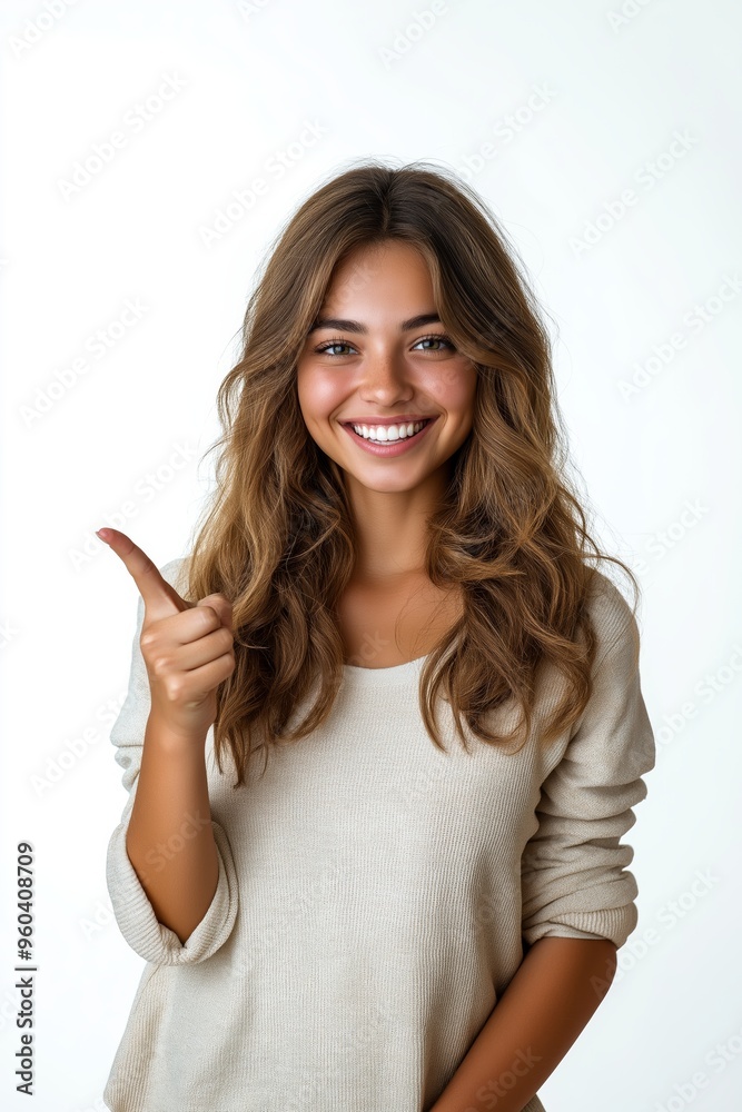 Smiling woman in casual outfit, pointing with finger, isolated on white background. Concept of positivity and confidence. Smiling woman in casual outfit, pointing with finger, isolated on white background. Concept of positivity and confidence.