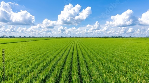 Aerial View of Vast Rice Field in Sunny Weather Highlighting Farming Techniques