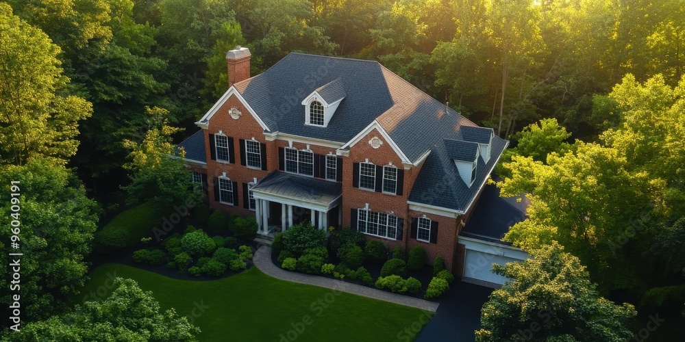 Aerial view of a large, three-level brick house with dark roof shingles and white accents in New Jersey. Surrounded by lush trees Aerial view of a large, three-level brick house with dark roof shingles and white accents in New Jersey. Surrounded by lush trees