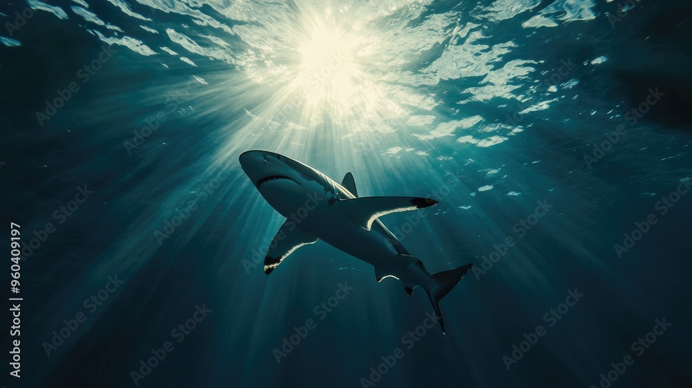 Obraz premium A solitary shark swims gracefully underwater in the deep blue ocean, illuminated by sunlight filtering through the water surface.