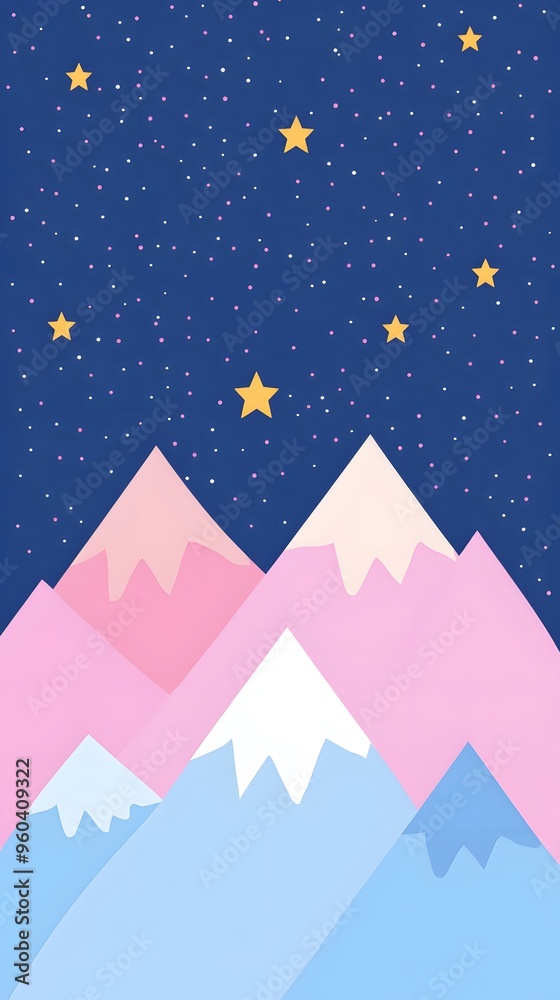 Obraz premium A simple flat illustration of a starry sky, with a pink and blue gradient background and mountains in the distance