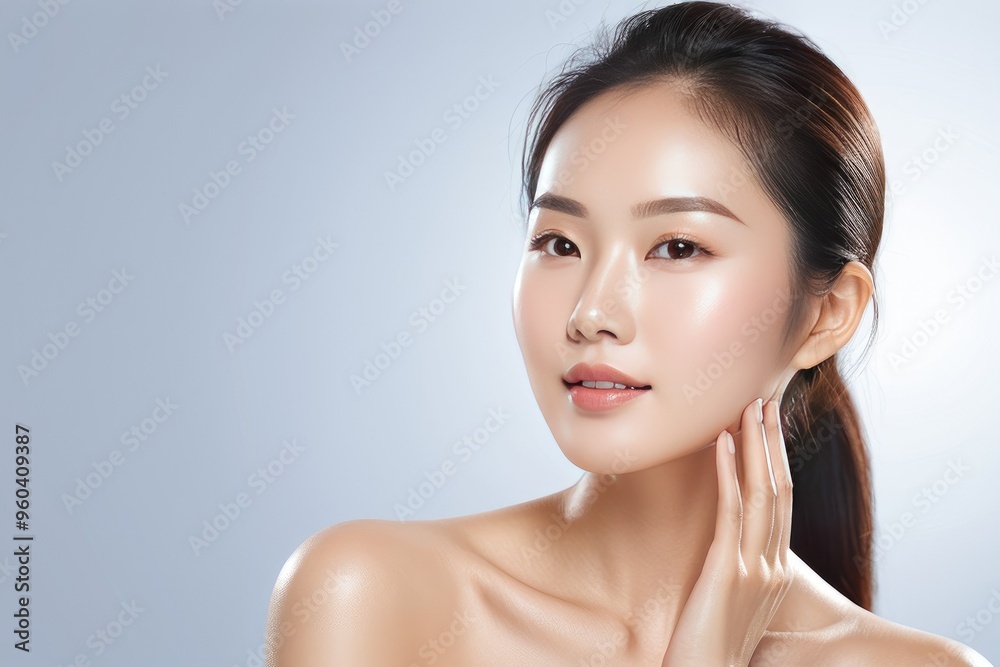 Asian woman showcasing radiant, clean skin, engaged in a skincare routine, translucent background emphasizing clarity and youthfulness, backlit with a soft glow, emphasizing the purity of skin Asian woman showcasing radiant, clean skin, engaged in a skincare routine, translucent background emphasizing clarity and youthfulness, backlit with a soft glow, emphasizing the purity of skin