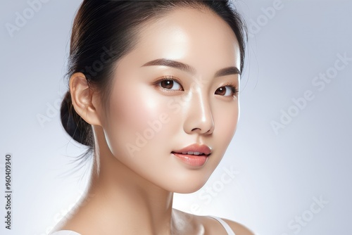 Asian woman showcasing radiant, clean skin, engaged in a skincare routine, translucent background emphasizing clarity and youthfulness, backlit with a soft glow, emphasizing the purity of skin