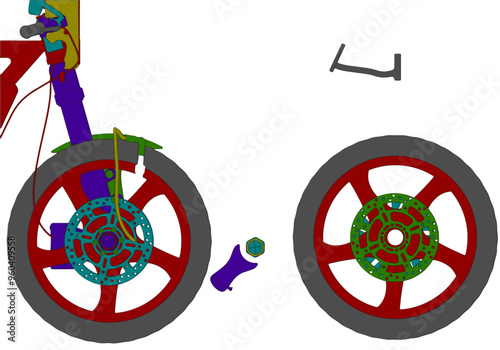 Two motorcycle wheels on a white background.