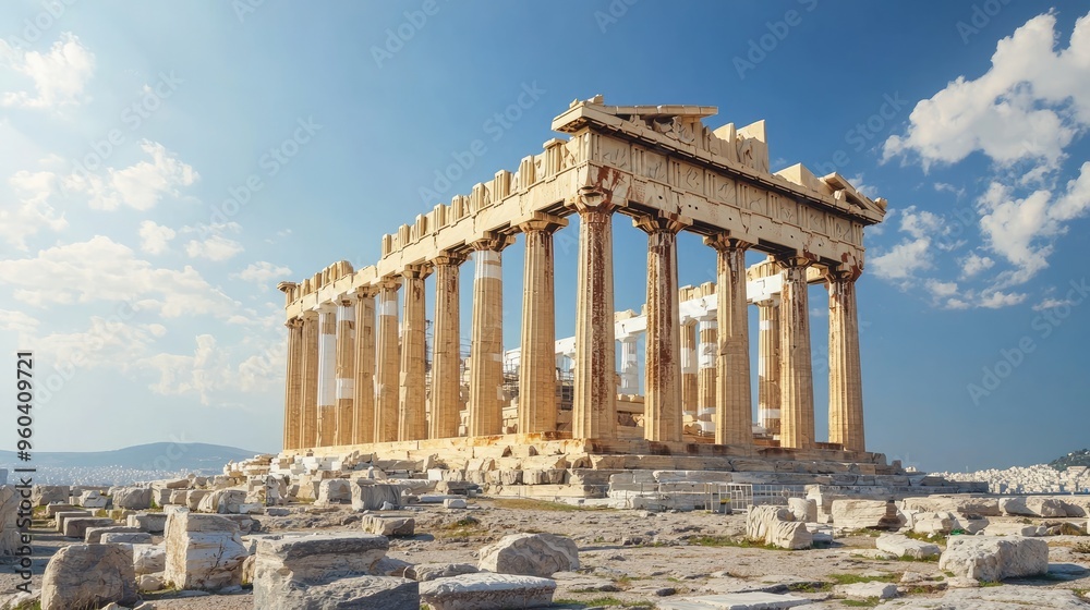Fototapeta premium The Parthenon, a historic ancient Greek temple on the Acropolis in Athens, stands under a clear blue sky with scattered clouds.