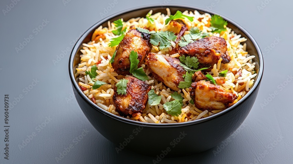 Fototapeta premium Aerial Delight of Colorful Indian Biryani - Chicken, Basmati Rice, Exotic Spices, Traditional Cuisine, Delicious Meal, Flavorful, Aromatic, Culinary, Gourmet, Vibrant, Succulent, Top View, Food