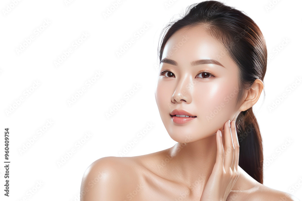 Asian woman showcasing radiant, clean skin, engaged in a skincare routine, translucent background emphasizing clarity and youthfulness, backlit with a soft glow, emphasizing the purity of skin Asian woman showcasing radiant, clean skin, engaged in a skincare routine, translucent background emphasizing clarity and youthfulness, backlit with a soft glow, emphasizing the purity of skin