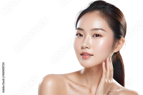 Asian woman showcasing radiant, clean skin, engaged in a skincare routine, translucent background emphasizing clarity and youthfulness, backlit with a soft glow, emphasizing the purity of skin