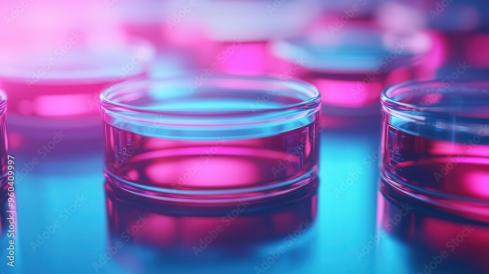 Futuristic biotech lab with glowing petri dishes and holographic molecular models Futuristic biotech lab with glowing petri dishes and holographic molecular models