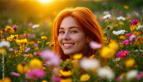 A close-up portrait of a young woman with bright red hair surrounded by colorful wildflowers