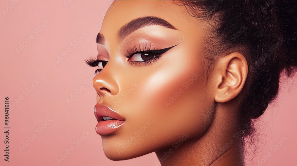Fototapeta premium A striking close-up portrait of a woman with flawless skin, bold eyeliner, and glossy orange lipstick, highlighting her makeup and beauty.