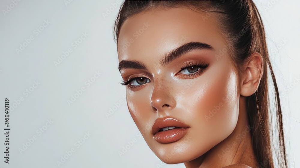A striking close-up portrait of a woman with flawless skin, bold eyeliner, and glossy orange lipstick, highlighting her makeup and beauty. A striking close-up portrait of a woman with flawless skin, bold eyeliner, and glossy orange lipstick, highlighting her makeup and beauty.
