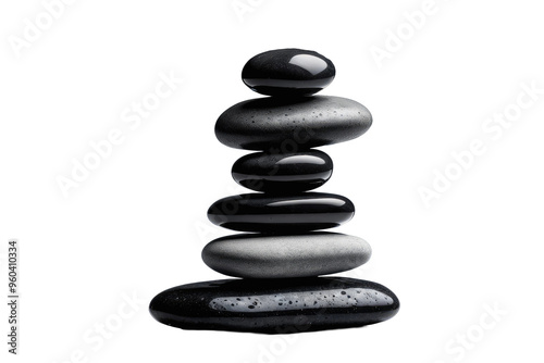 Black stones balancing atop each other, isolated against a transparent background, grayscale palette, shadow casting to suggest weight, minimalistic design, ultra clear photo