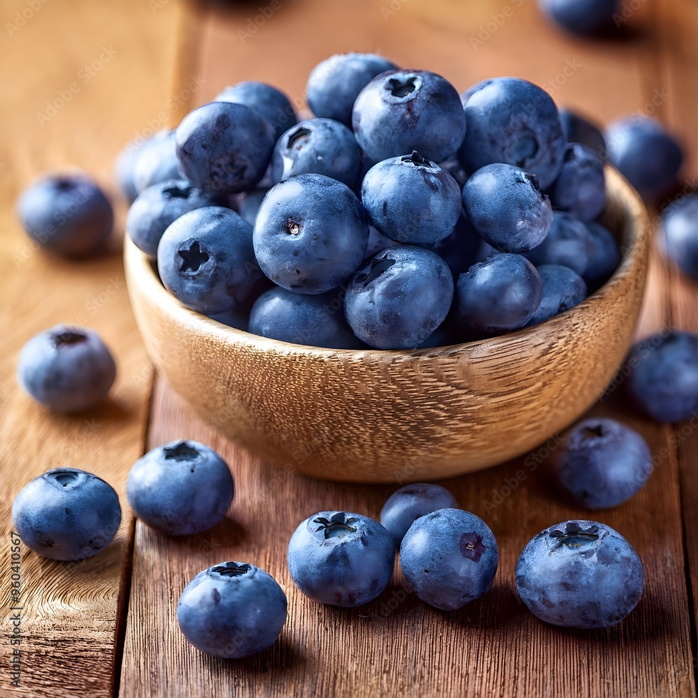 Fresh blueberries in a wooden bowl on a rustic wooden table Fresh blueberries in a wooden bowl on a rustic wooden table