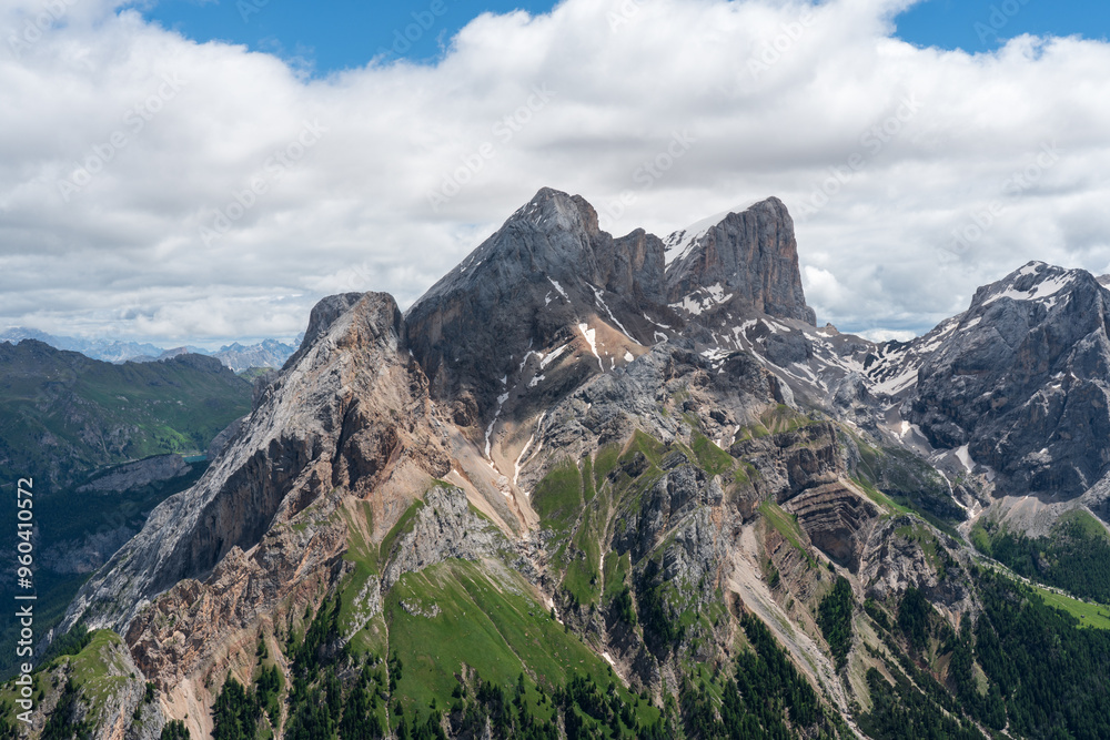Obraz premium View of Marmolada massif group from the top of Colac mount (ferrata dei finanzieri), Dolomites, Val di Fassa. Rocky mountains
