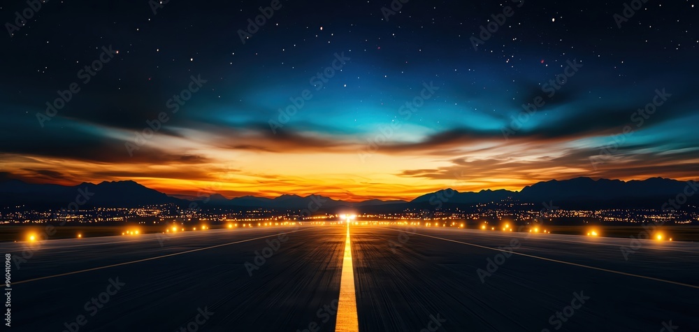 Beautiful sunset over a runway with illuminated lights, capturing the serene atmosphere of dusk and journey's beginning. Beautiful sunset over a runway with illuminated lights, capturing the serene atmosphere of dusk and journey's beginning.