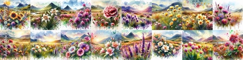 watercolor flowers and mountains drawing style floral background. AI generated illustration